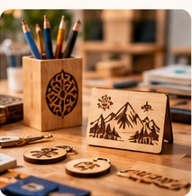 Créations en bois gravé sur un établi : porte-stylos, carte paysagée et médailles (illustration)